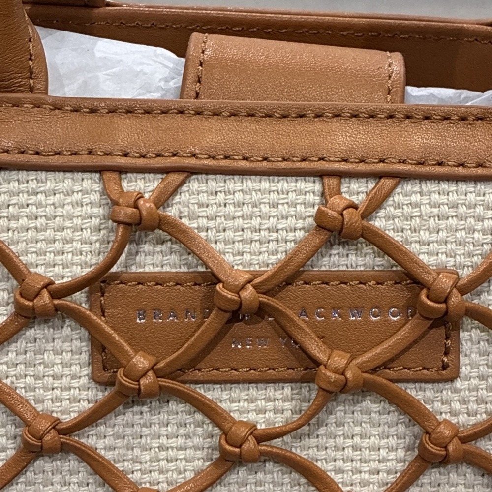 Brandon Blackwood Brand New Marcy Ave Tote Bag Camel Leather Net , Beige Linen - Picture 4 of 11
